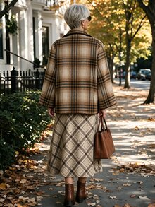 Offisola Elegant Tweed Plaid Short Jacket With Lapel Collar For Middle-Aged Women - Brown - View 2