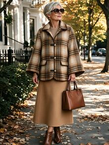 Offisola Elegant Tweed Plaid Short Jacket With Lapel Collar For Middle-Aged Women - Brown - View 5