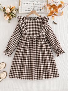 SHEIN Vintaside Kids 少女可愛感恩節休閒白色與棕色格紋蝴蝶結長袖寬鬆洋裝 秋季花卉 校園家庭套裝派對 - 彩色 - 查看 6