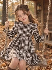 SHEIN Vintaside Kids 少女可愛感恩節休閒白色與棕色格紋蝴蝶結長袖寬鬆洋裝 秋季花卉 校園家庭套裝派對 - 彩色 - 查看 3