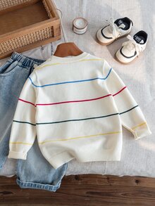 SHEIN 4-7歲男孩米色彩虹橫條紋圓領毛衣，小童學院風帆船提花針織套頭衫，春秋兒童內搭外穿 - 白色 - 查看 2