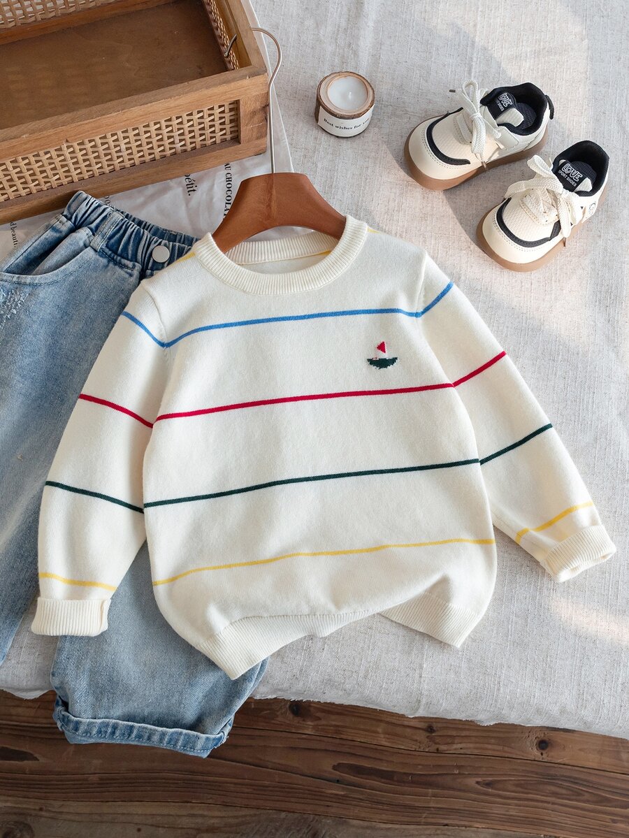 SHEIN 4-7歲男孩米色彩虹橫條紋圓領毛衣,小童學院風帆船提花針織套頭衫,春秋兒童內搭外穿 - 白色 - 查看 1