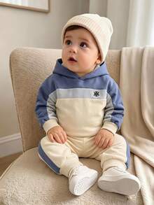 Baby Boy 2pcs Set Casual Racing Spring Autumn Winter Hooded Sweatshirt And Sweatpants Outfit Contrast Color Pattern Print Design White Blue - Multicolor - View 1