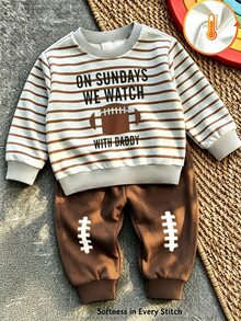 2 Pieces Boys' Sweatshirt Set, Football Pattern Print, Long Sleeves, Round Neck, Comfortable, US Fall Family Matching Beige Brown - Multicolor - View 2