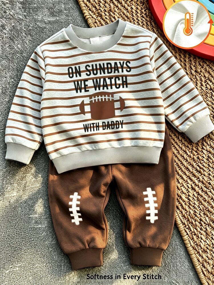 2 Pieces Boys' Sweatshirt Set, Football Pattern Print, Long Sleeves, Round Neck, Comfortable, US Fall Family Matching Beige Brown - Multicolor - View 2