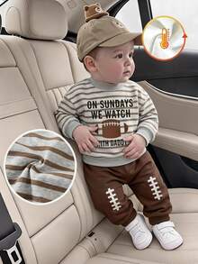 2 Pieces Boys' Sweatshirt Set, Football Pattern Print, Long Sleeves, Round Neck, Comfortable, US Fall Family Matching Beige Brown - Multicolor - View 1