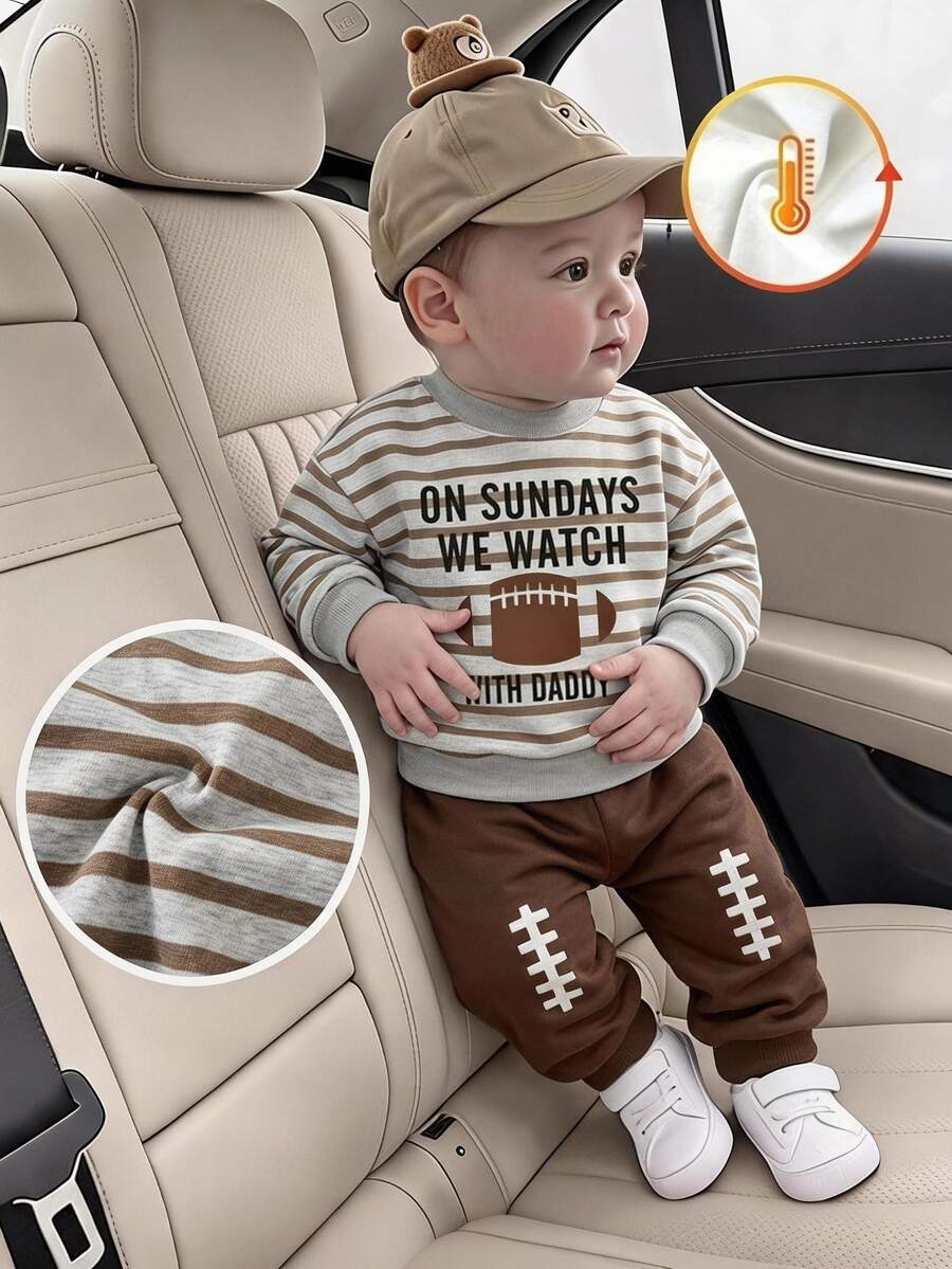 2 Pieces Boys' Sweatshirt Set, Football Pattern Print, Long Sleeves, Round Neck, Comfortable, US Fall Family Matching Beige Brown - Multicolor - View 1