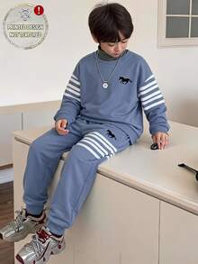 Tween Boy Animal Pattern Colorblock Sweatshirt And Pants Casual Modest Daily Outfit Set School Active Blue White Stripe - Multicolor - View 1