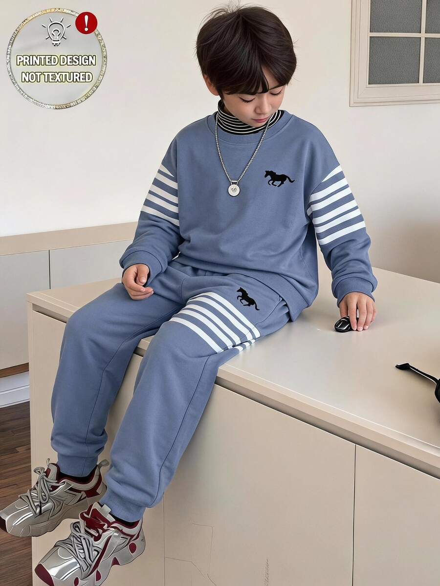 Tween Boy Animal Pattern Colorblock Sweatshirt And Pants Casual Modest Daily Outfit Set School Active Blue White Stripe - Multicolor - View 1