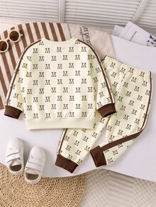 Little Boy All-Over Letter Print Crew Neck Sweatshirt Jogger Pants 2pcs Set With Side Webbing, Autumn Children Casual Sports Outfit White - Multicolor - View 2