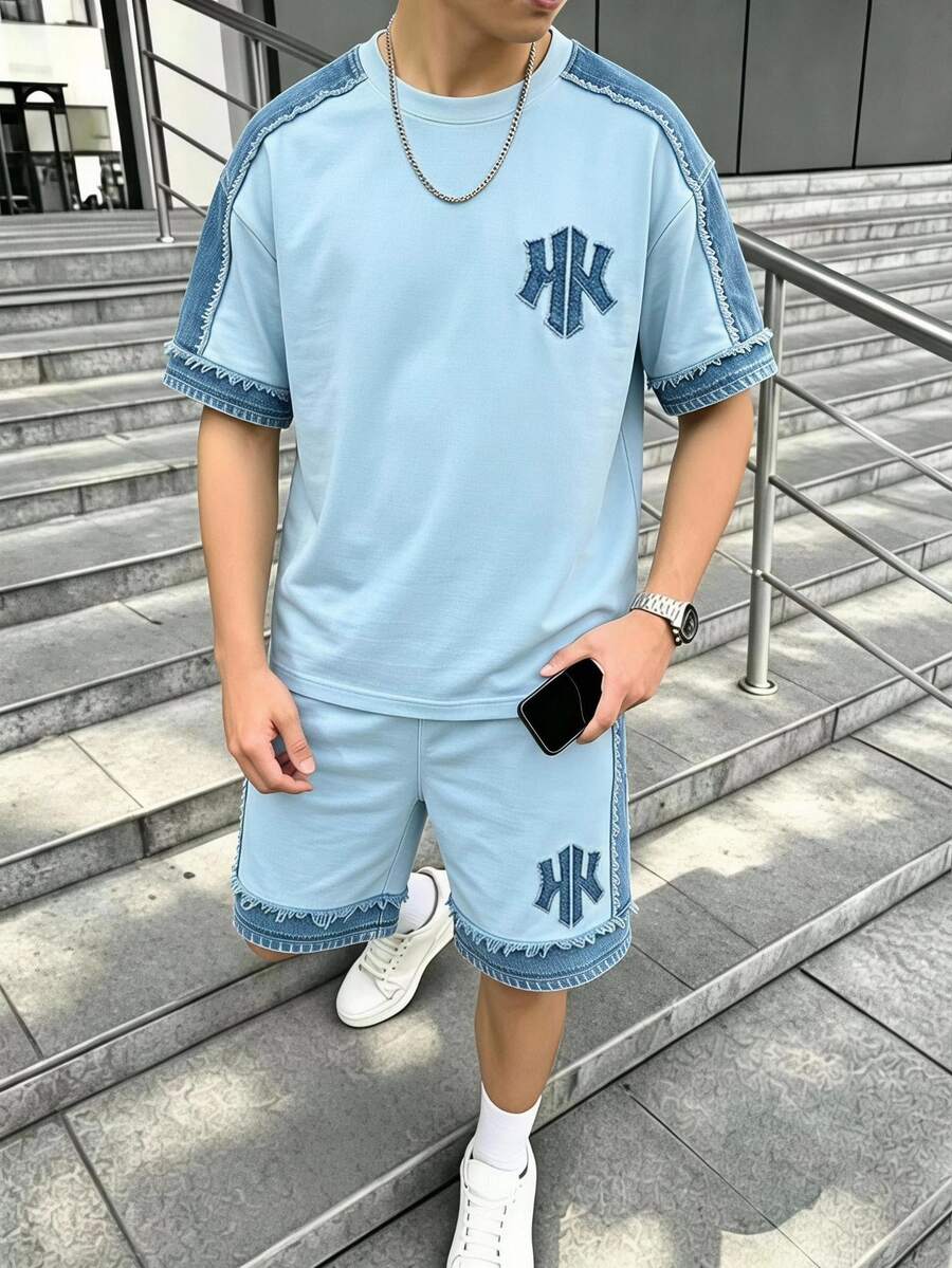 青少年男孩拼色印花短袖T恤與短褲套裝,Sixth Form 假期藍色夏季街頭風寬鬆款 - 彩色 - 查看 1