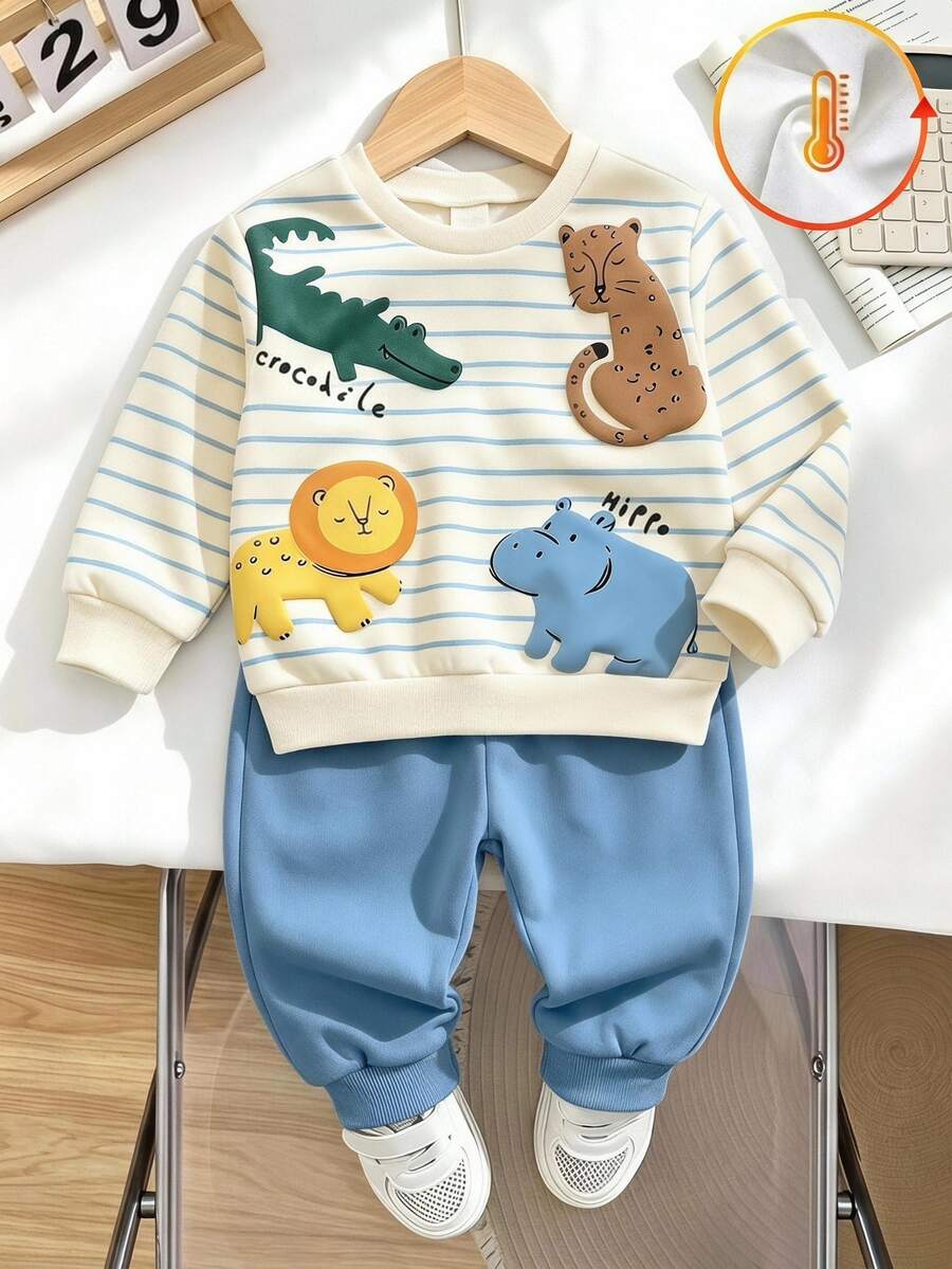 Baby Boys' Round-Neck Cute Cartoon Print Fleece Sweatshirt, Autumn/Winter, Festivals, Gift-Giving, Matching Family Blue And White Striped Aqua Blue - Multicolor - View 1