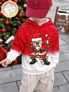 Young Boys Autumn/Winter Casual Christmas Red Lights Santa Claus Gradient Snowflake Print Hooded Sweatshirt For Outdoor And Sports Birthday Gift - Multicolor - View 3