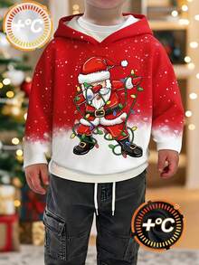Young Boys Autumn/Winter Casual Christmas Red Lights Santa Claus Gradient Snowflake Print Hooded Sweatshirt For Outdoor And Sports Birthday Gift - Multicolor - View 1