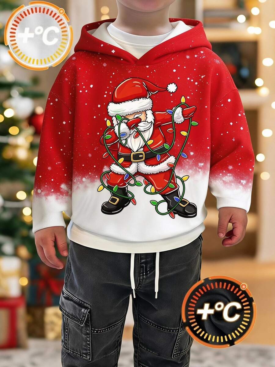 Young Boys Autumn/Winter Casual Christmas Red Lights Santa Claus Gradient Snowflake Print Hooded Sweatshirt For Outdoor And Sports Birthday Gift - Multicolor - View 1
