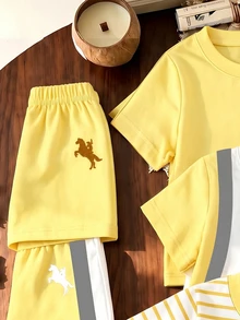 Young Boys Faux T-Shirt Shorts 2 Pieces Set Cute Cartoon Bear Graphic Print Elastic Waist Summer Tracksuit Outfit Birthday - Multicolor - View 3