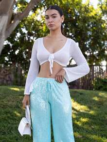 Andrea Bello Knit Flared Sleeve Tie Front Cropped Cover Up Top Swim Vacation Holiday Summer Travel Beachwear Basics Solid Colour Resort Core - White - View 1