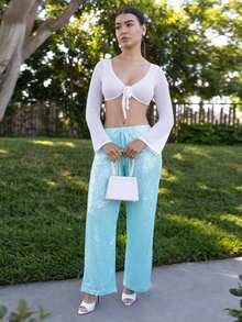Andrea Bello Knit Flared Sleeve Tie Front Cropped Cover Up Top Swim Vacation Holiday Summer Travel Beachwear Basics Solid Colour Resort Core - White - View 5