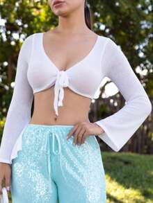 Andrea Bello Knit Flared Sleeve Tie Front Cropped Cover Up Top Swim Vacation Holiday Summer Travel Beachwear Basics Solid Colour Resort Core - White - View 3