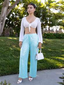 Andrea Bello Knit Flared Sleeve Tie Front Cropped Cover Up Top Swim Vacation Holiday Summer Travel Beachwear Basics Solid Colour Resort Core - White - View 4