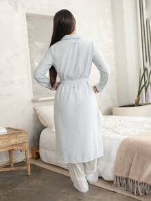 Andrea Bello Jubah Panjang Wanita Kasual Motif Garis-Garis dan Bintang, Lengan Panjang dengan Kerah dan Desain Saku - MultiWarna - View 2