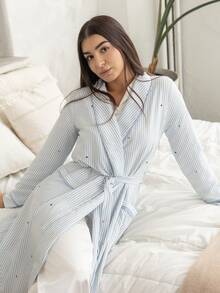 Andrea Bello Jubah Panjang Wanita Kasual Motif Garis-Garis dan Bintang, Lengan Panjang dengan Kerah dan Desain Saku - MultiWarna - View 4