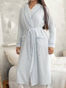 Andrea Bello Jubah Panjang Wanita Kasual Motif Garis-Garis dan Bintang, Lengan Panjang dengan Kerah dan Desain Saku - MultiWarna - View 3