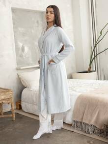 Andrea Bello Jubah Panjang Wanita Kasual Motif Garis-Garis dan Bintang, Lengan Panjang dengan Kerah dan Desain Saku - MultiWarna - View 6