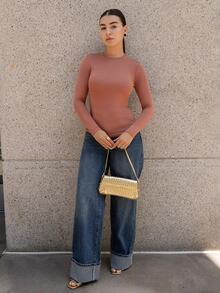 Andrea Bello Women's Casual Solid Color Long Sleeve Fitted Crew Neck T-Shirt - Orange - View 4