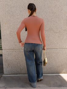Andrea Bello Women's Casual Solid Color Long Sleeve Fitted Crew Neck T-Shirt - Orange - View 2