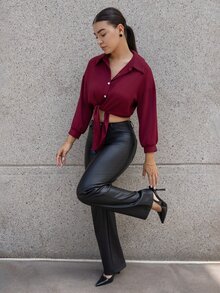 Andrea Bello 法式優雅夏季媽媽款編織翻領長袖前綁帶白色女版上衣，休閒現代短版襯衫商務上衣 - 紅色 - 查看 3