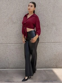 Andrea Bello 法式優雅夏季媽媽款編織翻領長袖前綁帶白色女版上衣，休閒現代短版襯衫商務上衣 - 紅色 - 查看 5