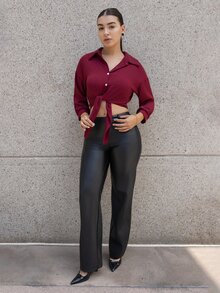 Andrea Bello 法式優雅夏季媽媽款編織翻領長袖前綁帶白色女版上衣，休閒現代短版襯衫商務上衣 - 紅色 - 查看 4