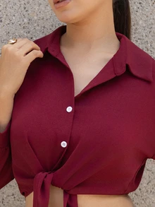 Andrea Bello 法式優雅夏季媽媽款編織翻領長袖前綁帶白色女版上衣，休閒現代短版襯衫商務上衣 - 紅色 - 查看 6