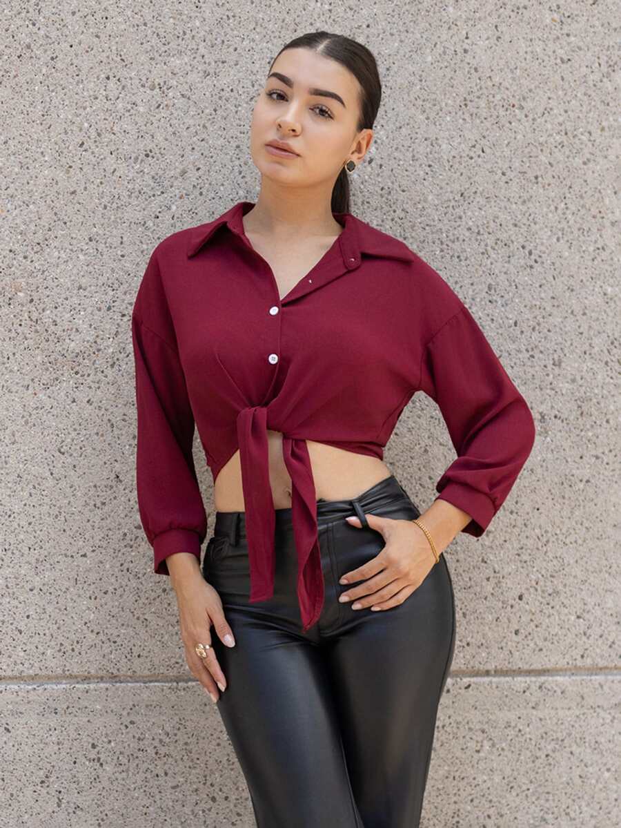 Andrea Bello 法式優雅夏季媽媽款編織翻領長袖前綁帶白色女版上衣,休閒現代短版襯衫商務上衣 - 紅色 - 查看 1