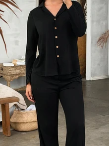 Andrea Bello Lazeform ButtonTop & Pants Soft & Skin-Friendly Unisex Fashionable Loungewear Pajama Set, Fall & Winter Clothes - Black - View 3