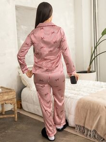 Andrea Bello 仿丝绸蝴蝶结条纹女士睡衣套装 - 酒紅色 - 查看 2