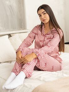 Andrea Bello 仿丝绸蝴蝶结条纹女士睡衣套装 - 酒紅色 - 查看 1