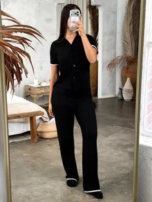 Andrea Bello 2pcs Women Casual Contrast Trim Top & Pants Loungewear Set Outfit - Multicolor - View 1