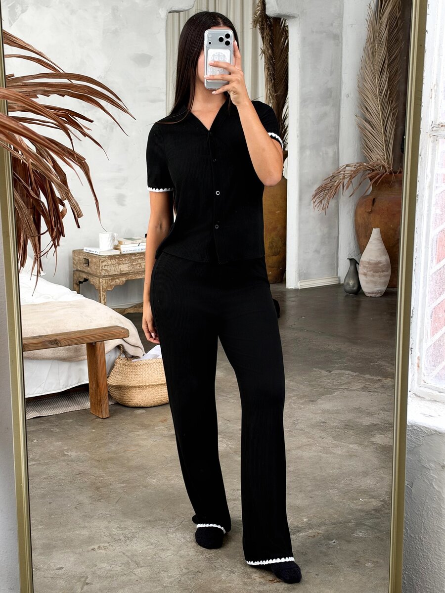 Andrea Bello 2pcs Women Casual Contrast Trim Top & Pants Loungewear Set Outfit - Multicolor - View 1