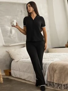 Andrea Bello 2pcs Women Casual Contrast Trim Top & Pants Loungewear Set Outfit - Multicolor - View 4