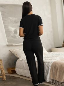 Andrea Bello 2pcs Women Casual Contrast Trim Top & Pants Loungewear Set Outfit - Multicolor - View 2