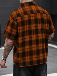 Manfinity CasualCool 男士格紋短袖單排扣休閒襯衫，夏季街頭風城市度假，復古法蘭絨格子襯衫，適合日常休閒旅行 - 彩色 - 查看 2