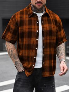 Manfinity CasualCool 男士格紋短袖單排扣休閒襯衫，夏季街頭風城市度假，復古法蘭絨格子襯衫，適合日常休閒旅行 - 彩色 - 查看 4