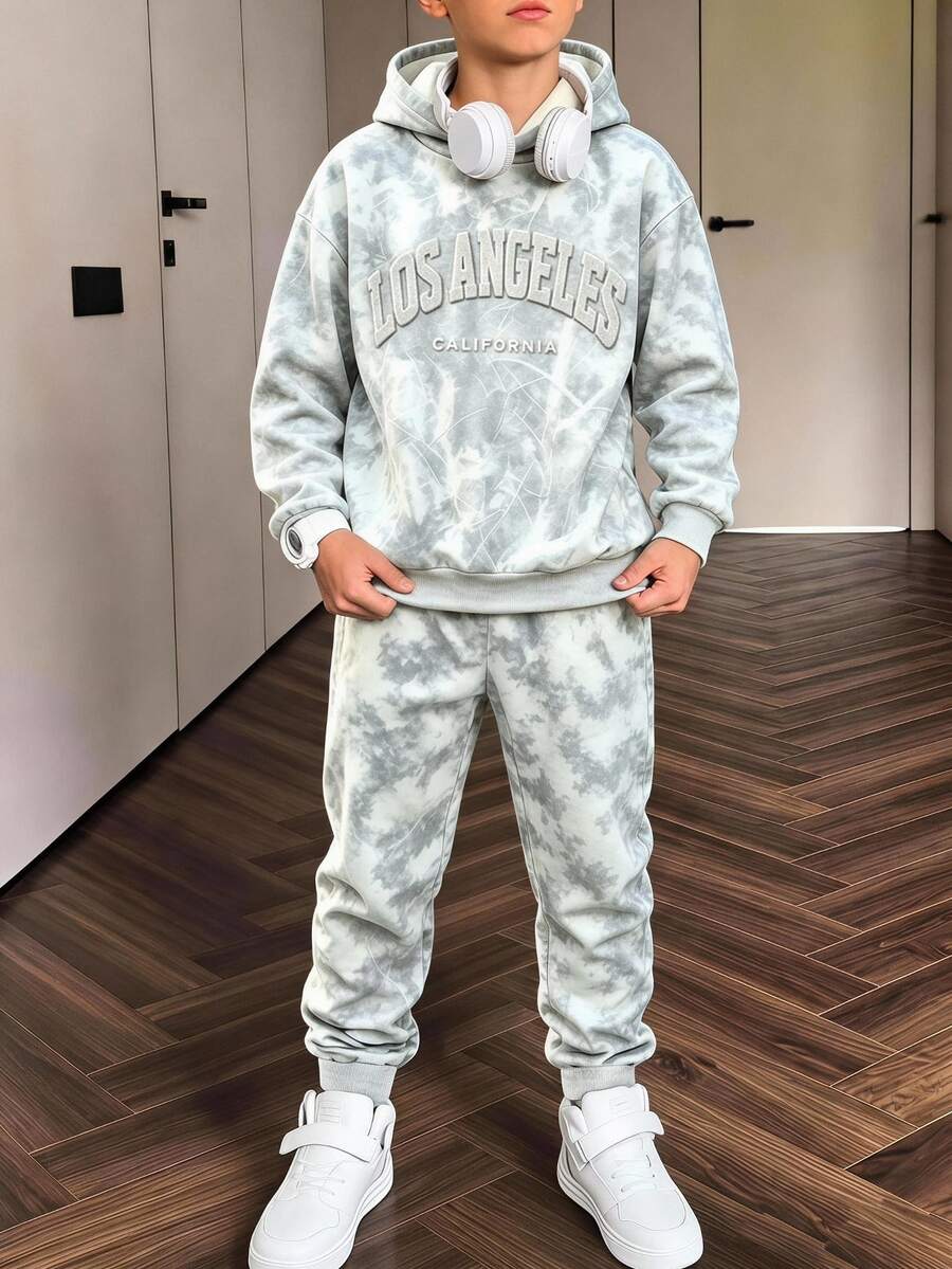 青少年男孩街頭風圖案時尚極簡落葉字母印花拼色秋季連帽衛衣套裝 運動校園學生款 白色 - 彩色 - 查看 1