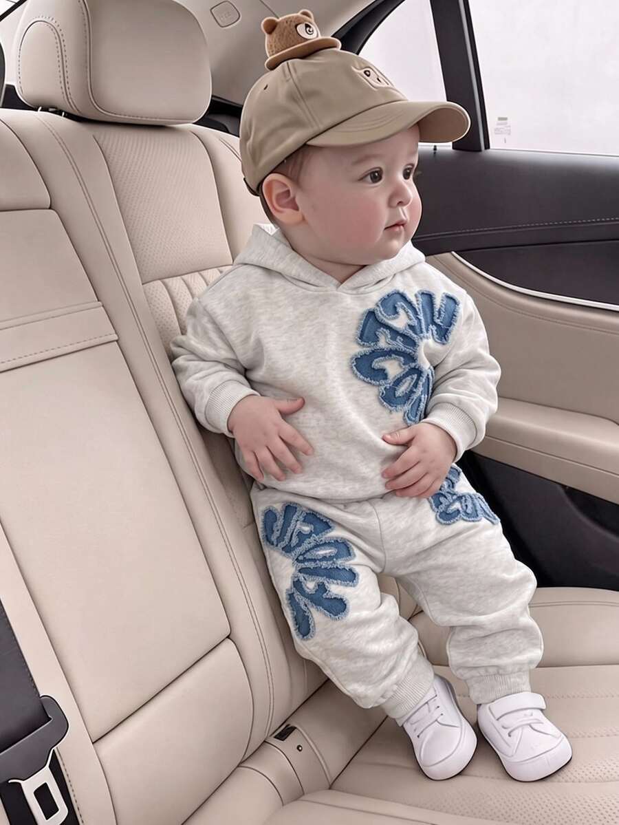 2pcs Baby Boy Cool Graphic Print Hoodie Sweatpants Set, Fashionable Casual Tropical Outfit For Holiday Parties, Fall, Streetwear, Off-White - Grey - View 1