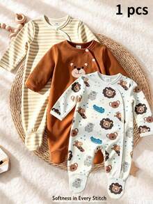 SHEIN Newborn Baby Cute Baby Animal Pattern Printed Soft Footed Long Sleeve Jumpsuit, Baby Outfit, Gift Baby Family Matching Off-White Fall - Multicolor - View 1