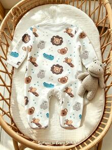 SHEIN Newborn Baby Cute Baby Animal Pattern Printed Soft Footed Long Sleeve Jumpsuit, Baby Outfit, Gift Baby Family Matching Off-White Fall - Multicolor - View 3