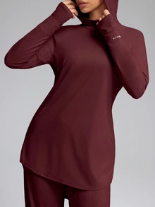 Innovista Innovista 女款長袖寬鬆 UPF 40+ 運動兩件套，休閒，秋季，冬季，健身房，運動，瑜伽，健身，保守 - 酒紅色 - 查看 10
