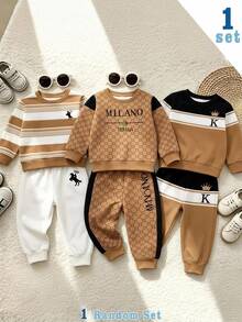 Fleece Black And White Brown Colorblock Casual Smart Fashion Sporty Classic Patchwork Letter Print Crew Neck Sweatshirt And Matching Pants Set - Multicolor - View 1